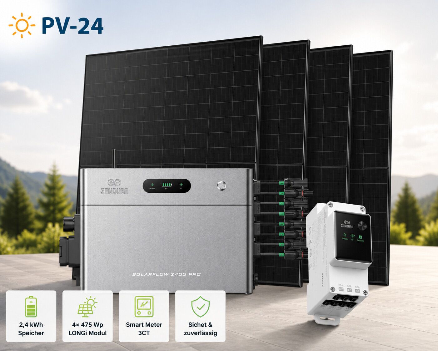 Zendure Solarflow 2400 Pro Mit 4x Pv Module Full Black + Zendure Smart Meter 3ct